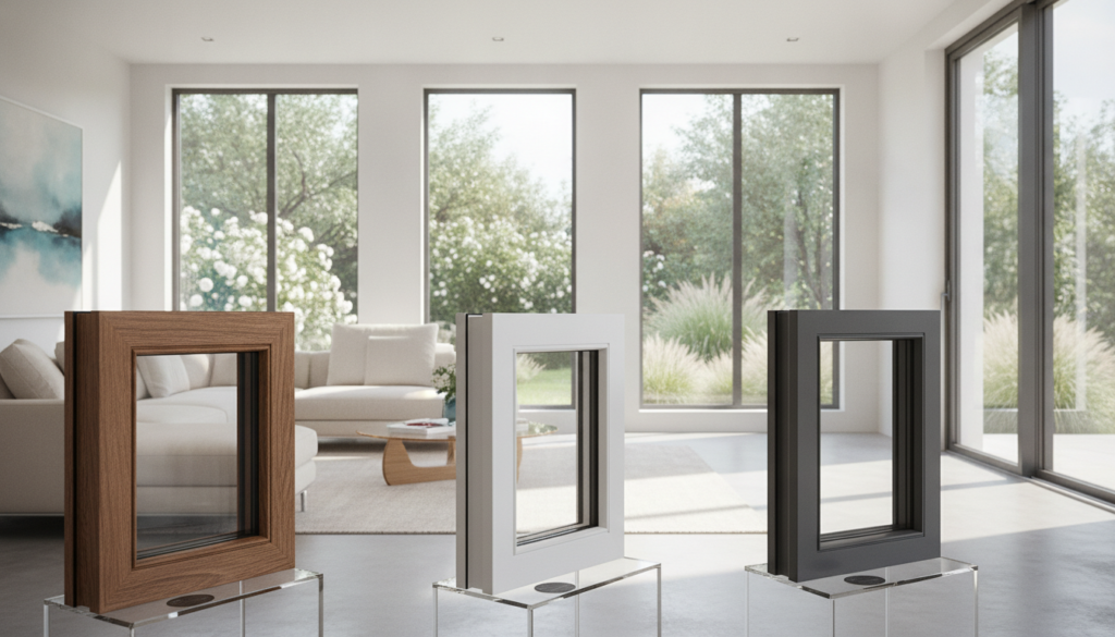 A modern home interior showcasing a selection of high-quality windows in a well-lit space. In the foreground, display several types of window frames made from different materials: wooden, vinyl, and aluminum, each labeled clearly but without text. In the middle ground, a stylishly designed modern living room with natural light streaming through the windows, highlighting their features. Soft shadows create a warm atmosphere. The background shows a view of a beautiful garden outside, suggesting the windows' functionality and style. The image should utilize bright, inviting colors with a clean and airy aesthetic, shot from a slight angle to capture depth, with a focus on the texture and details of the window materials.