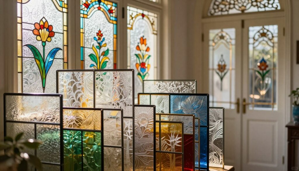 Verschiedene Arten von Ornamentglas und Glasdekor